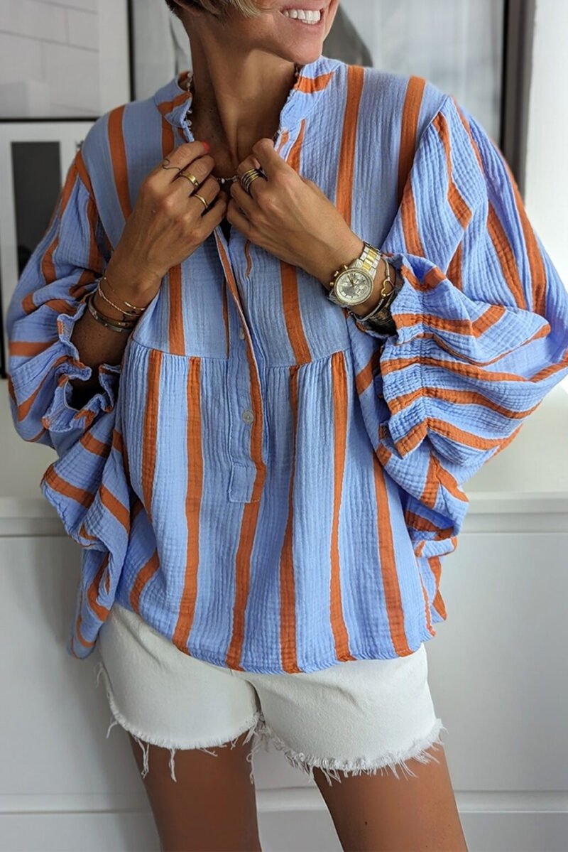 Sky Blue Stripe Ruffled Sleeve Shirt