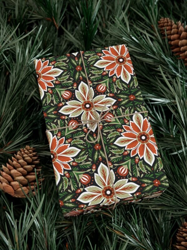 Poinsettia and Pine Gift Wrap Paper