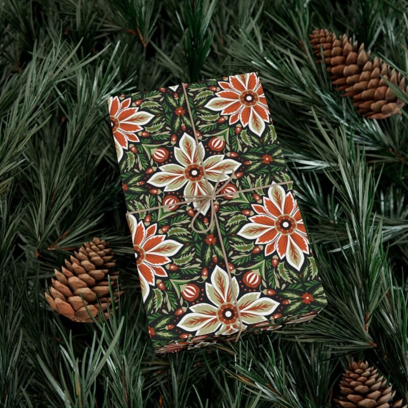 Poinsettia and Pine Gift Wrap Paper