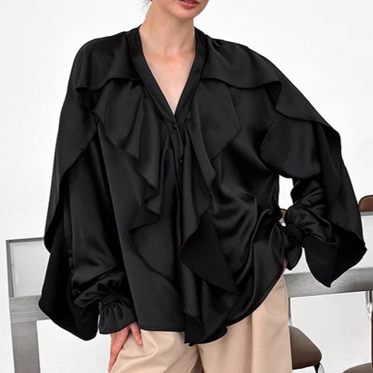 Ruffled Puff Sleeve Satin Top