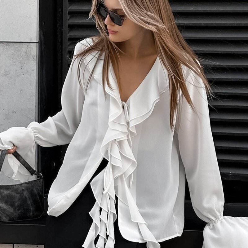 Chiffon Ruffled Bell Sleeve Blouse