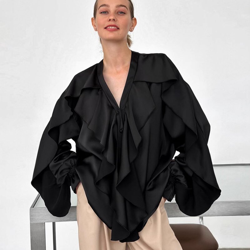 Ruffled Puff Sleeve Satin Top - Image 2
