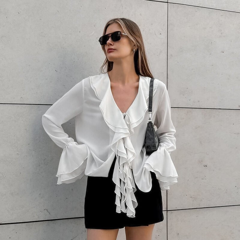 Chiffon Ruffled Bell Sleeve Blouse - Image 2