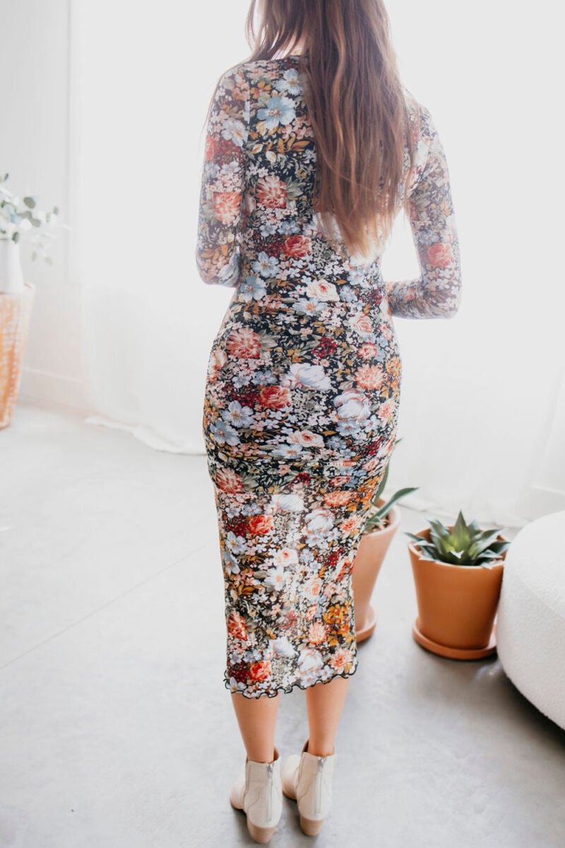 Floral Mock Neck Bodycon Midi Dress - Image 8