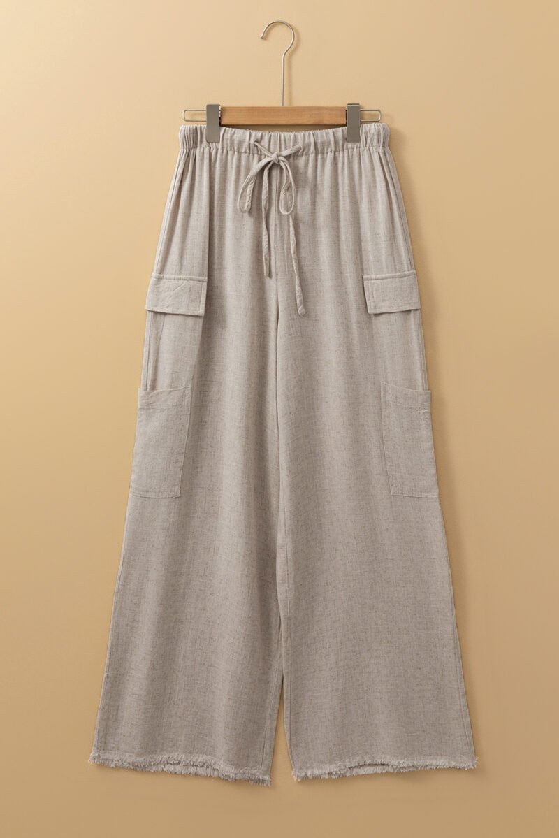 Linen Drawstring Raw Edge Pants - Image 4