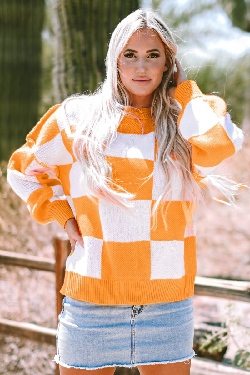 Orange Checkered Bishop Sleeve Sweater - Image 16