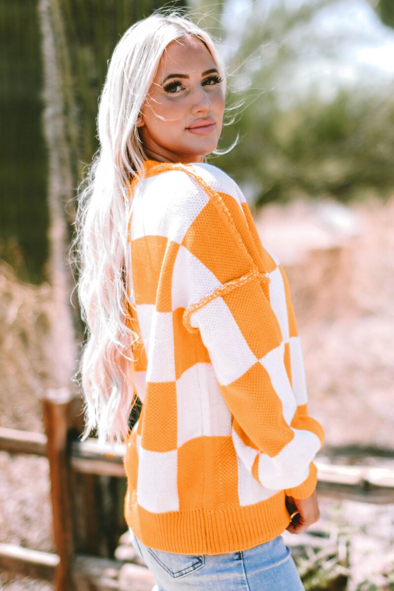 Orange Checkered Bishop Sleeve Sweater - Image 17