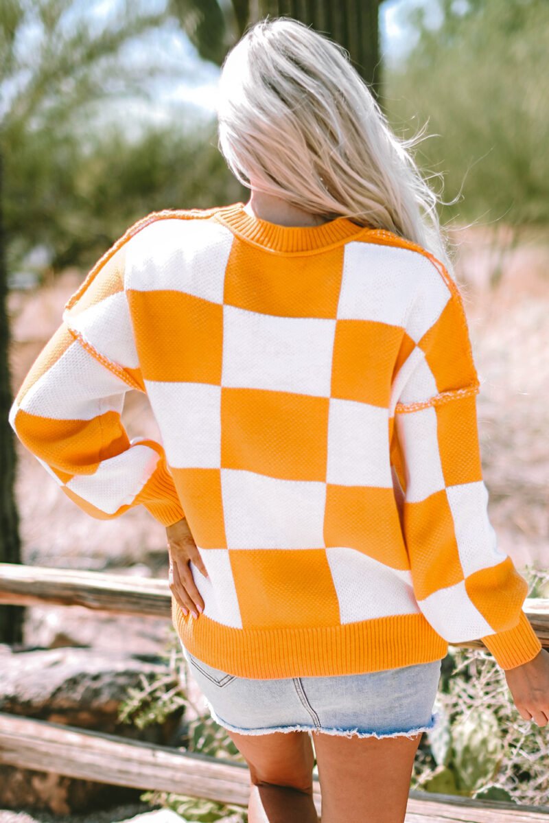 Orange Checkered Bishop Sleeve Sweater - Image 14