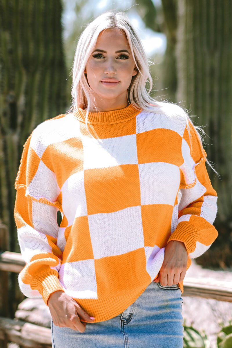 Orange Checkered Bishop Sleeve Sweater - Image 13