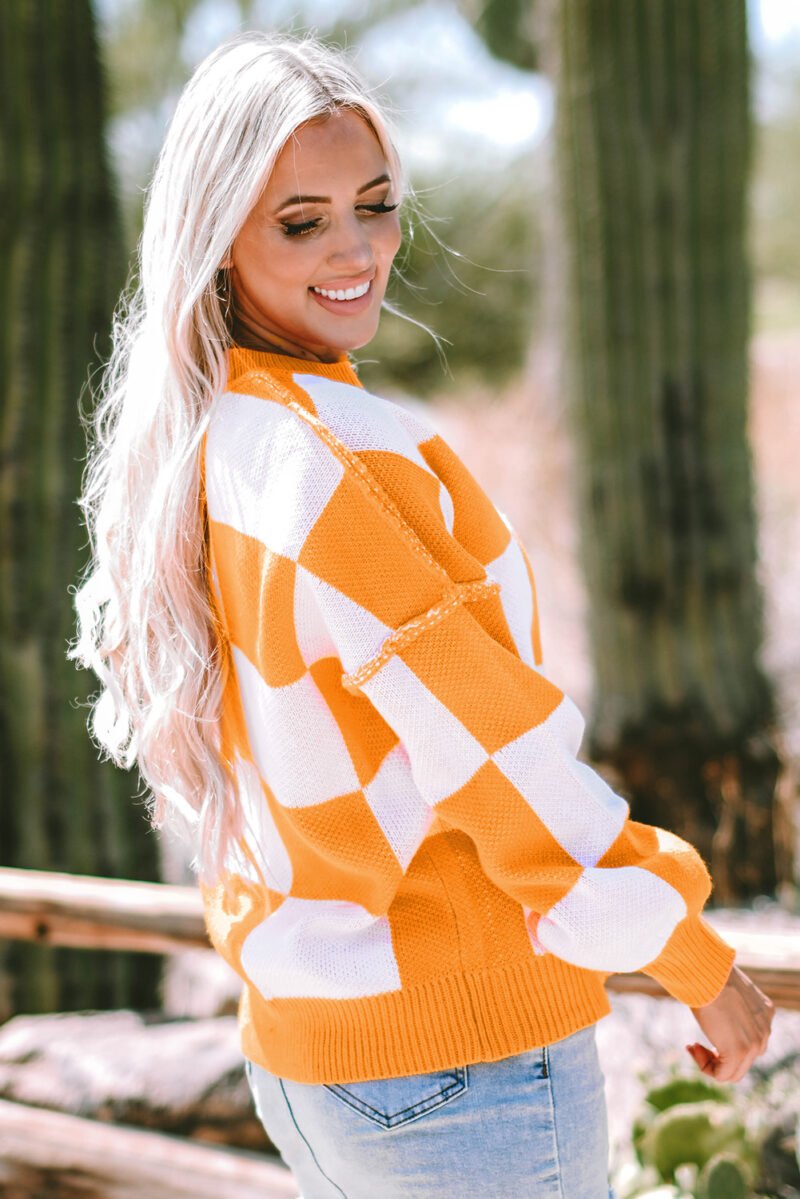 Orange Checkered Bishop Sleeve Sweater - Image 15