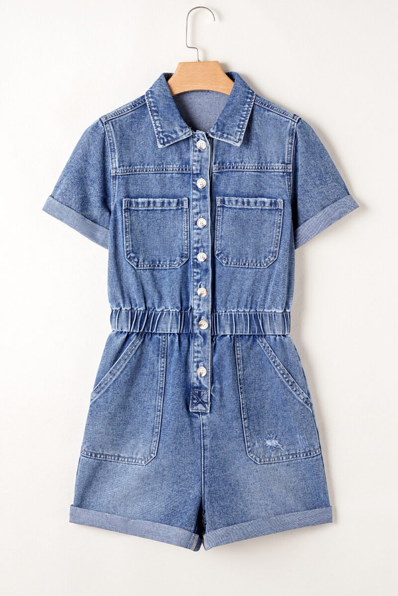 Buttoned Folded Edge Denim Romper - Image 4