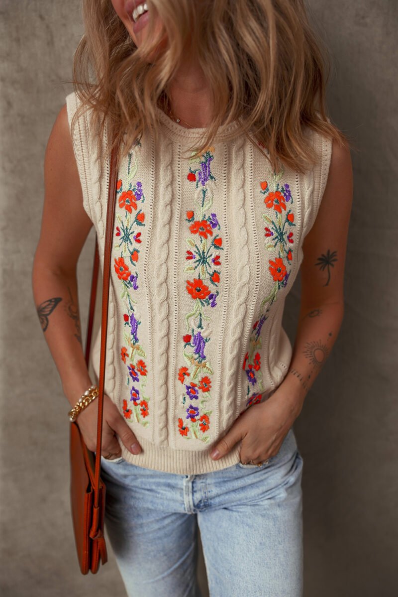 Embroidered Floral Cable Knit Sweater Vest