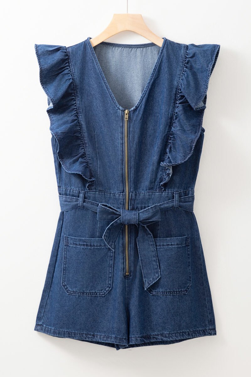 Denim Ruffled Belted Romper - Image 16