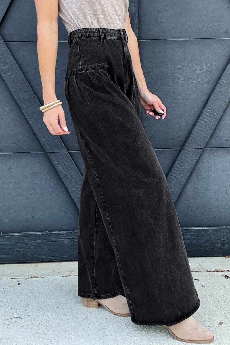 Pleated Wide Leg Denim Pants