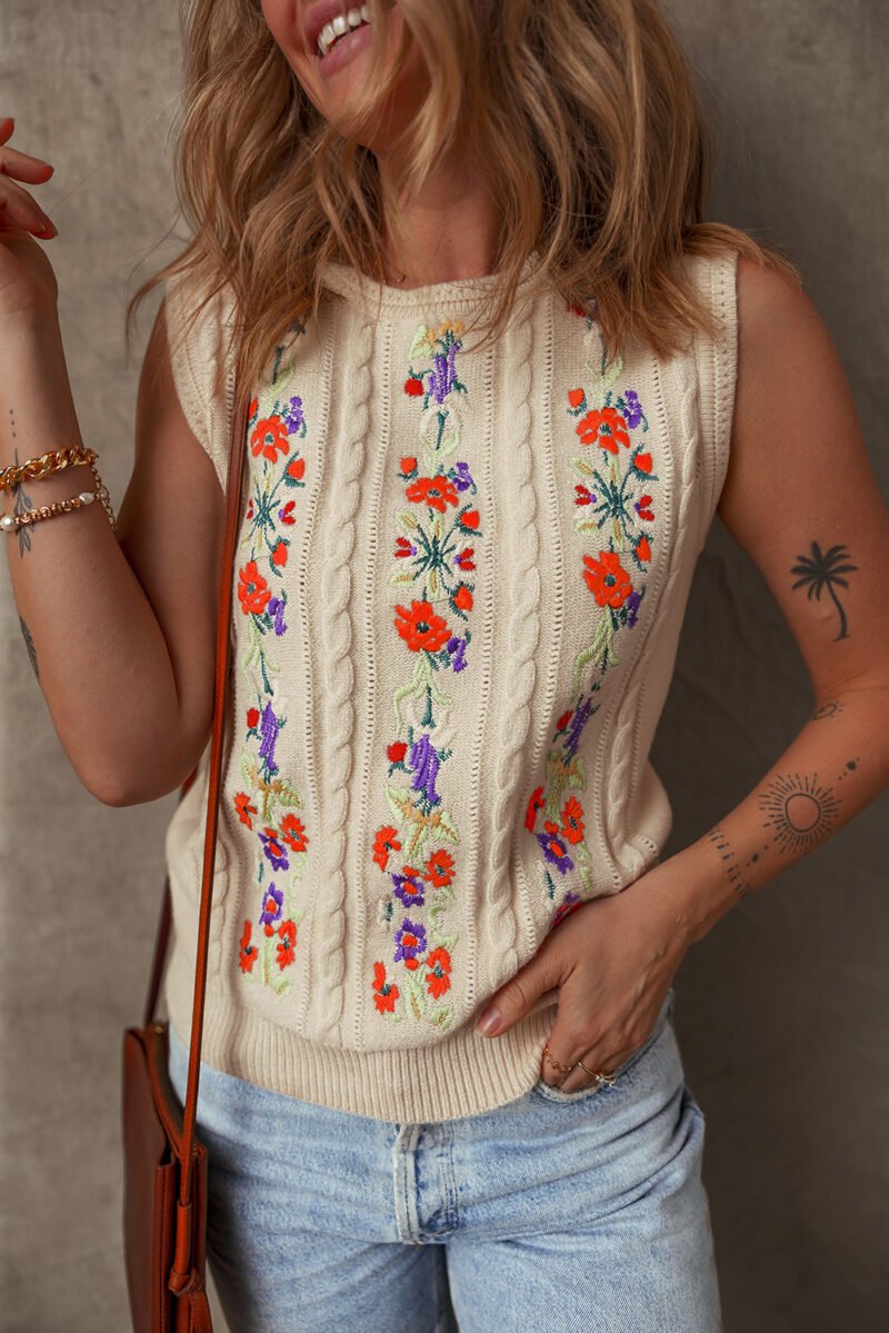 Embroidered Floral Cable Knit Sweater Vest