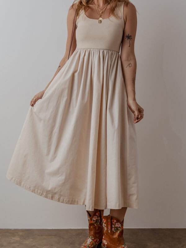 Beige Scoop Neck Pleated Dress