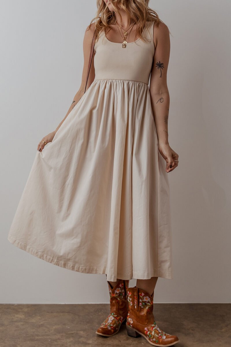 Beige Scoop Neck Pleated Dress