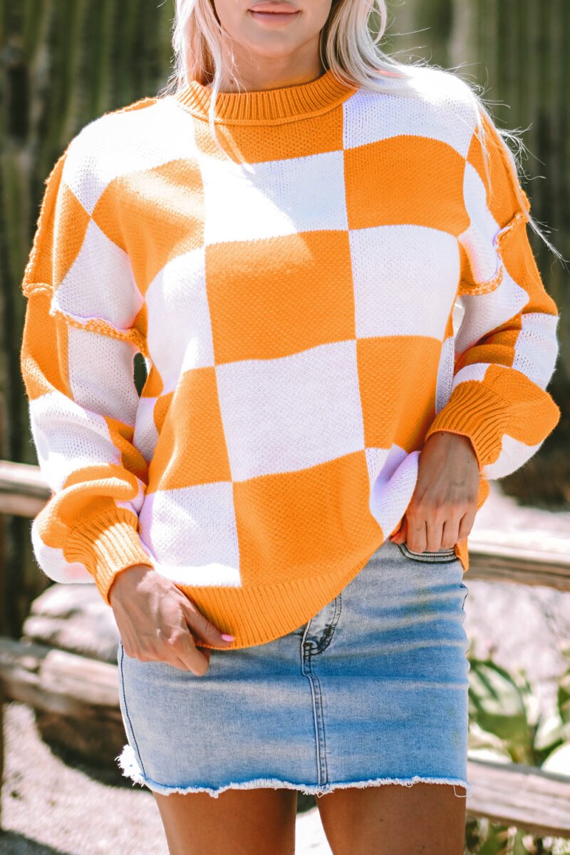 Orange Checkered Bishop Sleeve Sweater - Image 18