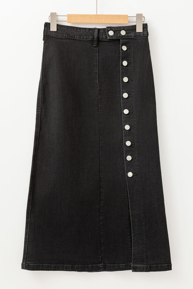 Button Side Split Denim Midi Skirt - Image 5