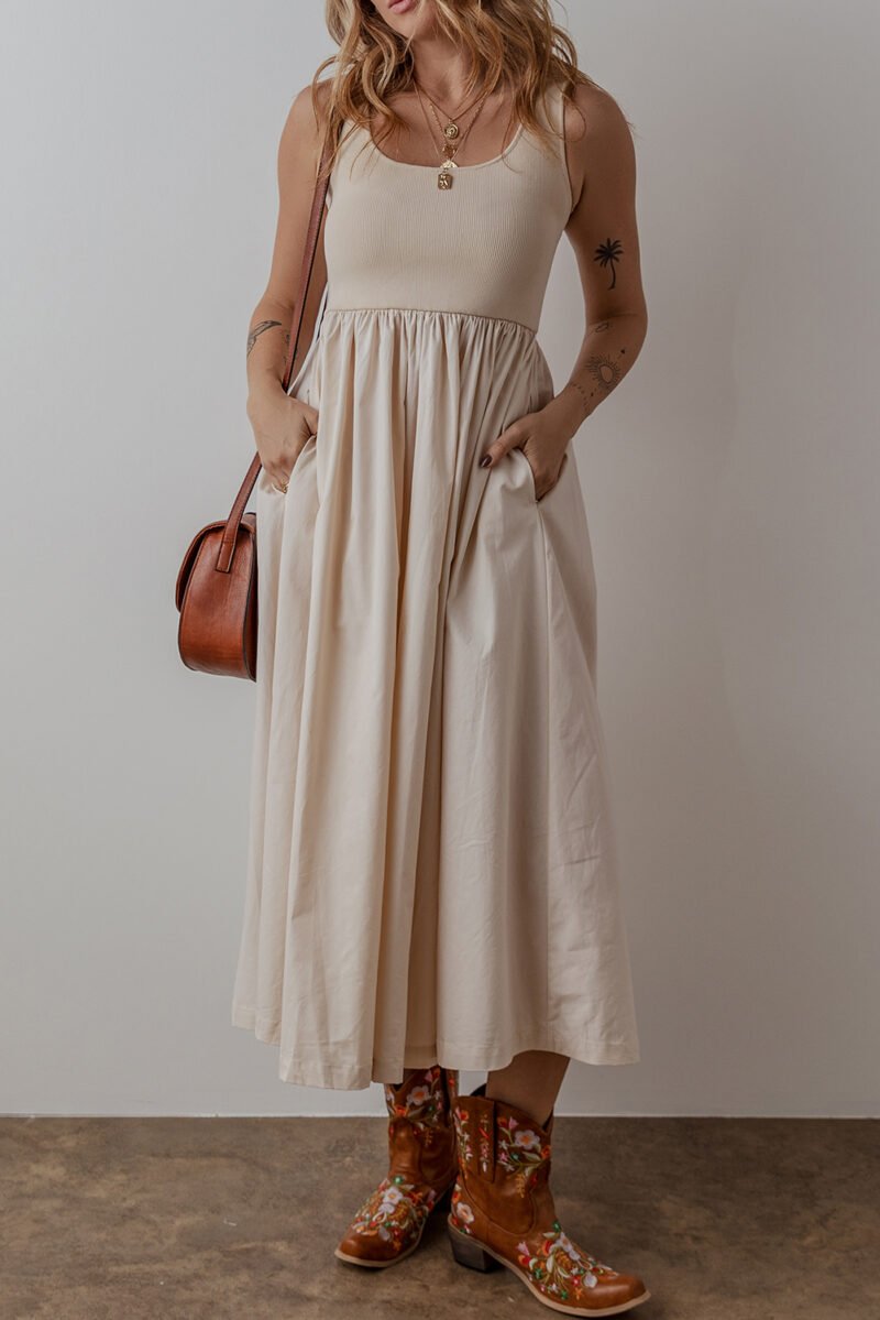 Beige Scoop Neck Pleated Dress