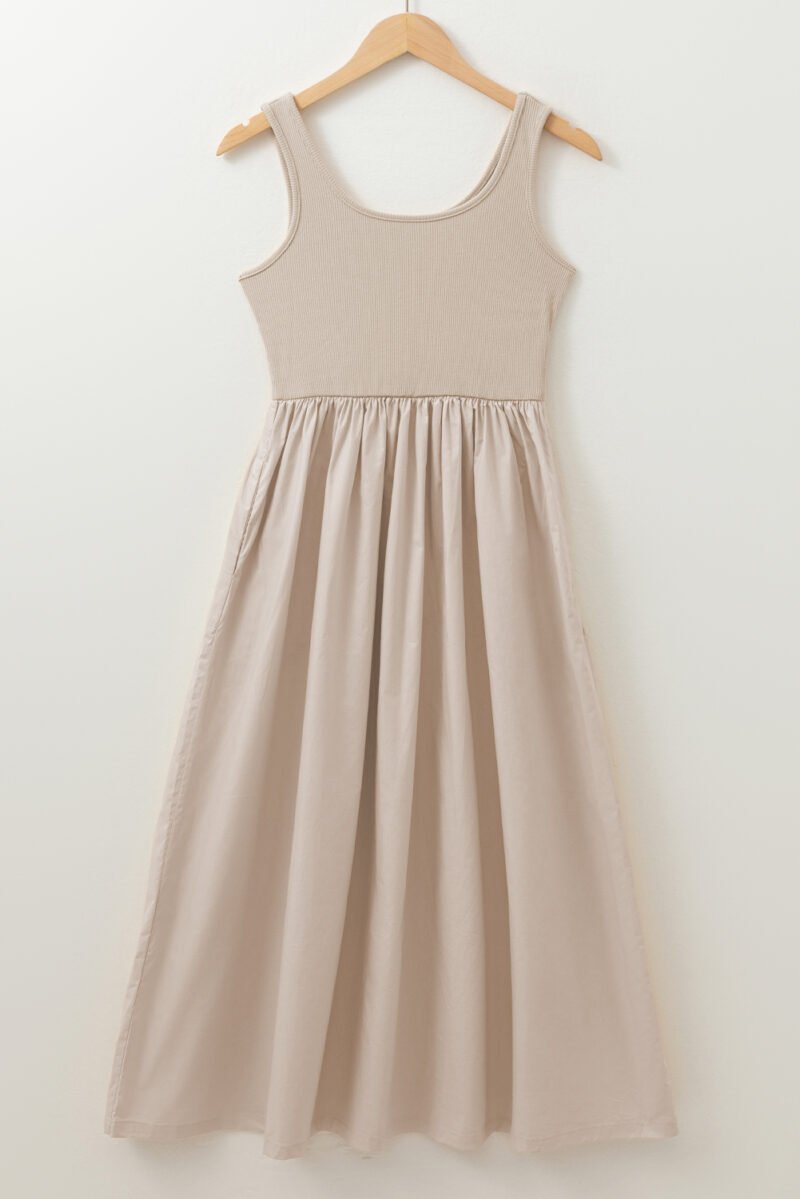 Beige Scoop Neck Pleated Dress