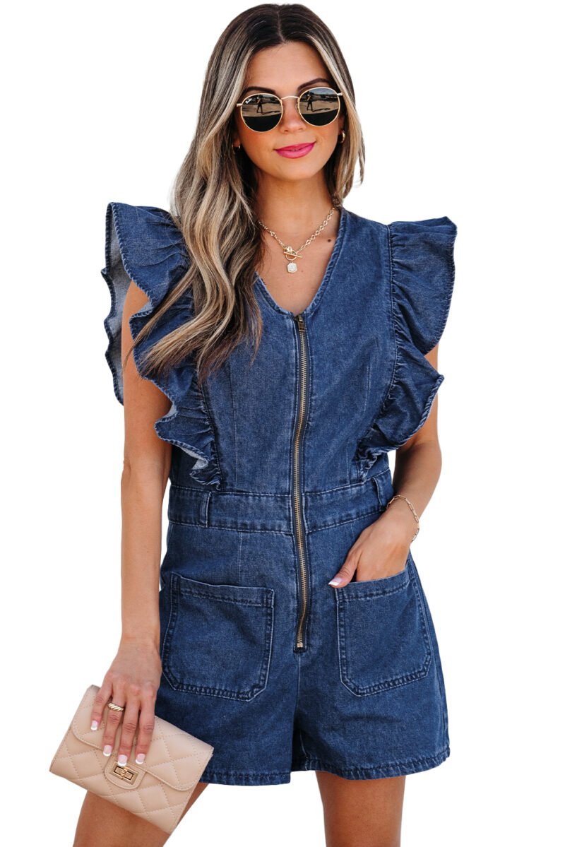 Denim Ruffled Belted Romper - Image 31