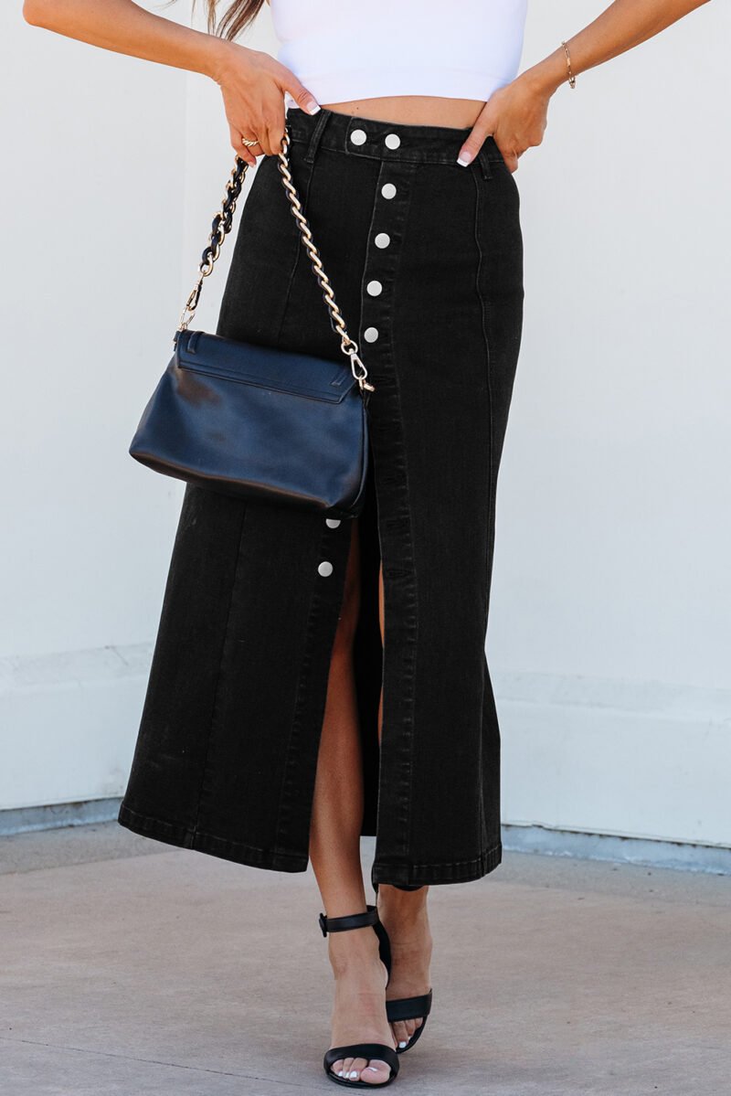 Button Side Split Denim Midi Skirt - Image 16