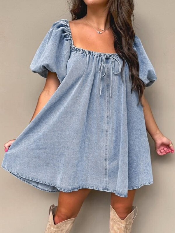 Bubble Sleeve Denim Babydoll Dress