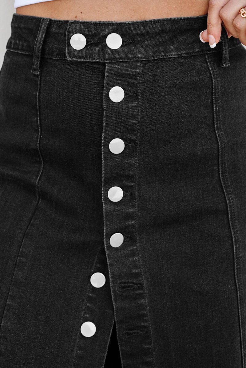 Button Side Split Denim Midi Skirt - Image 18