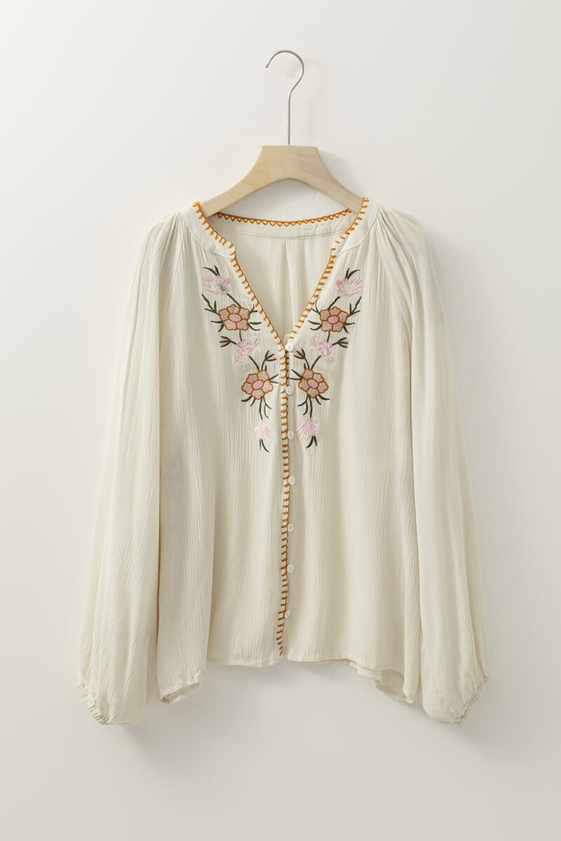 Floral Embroidered Puff Sleeve Shirt