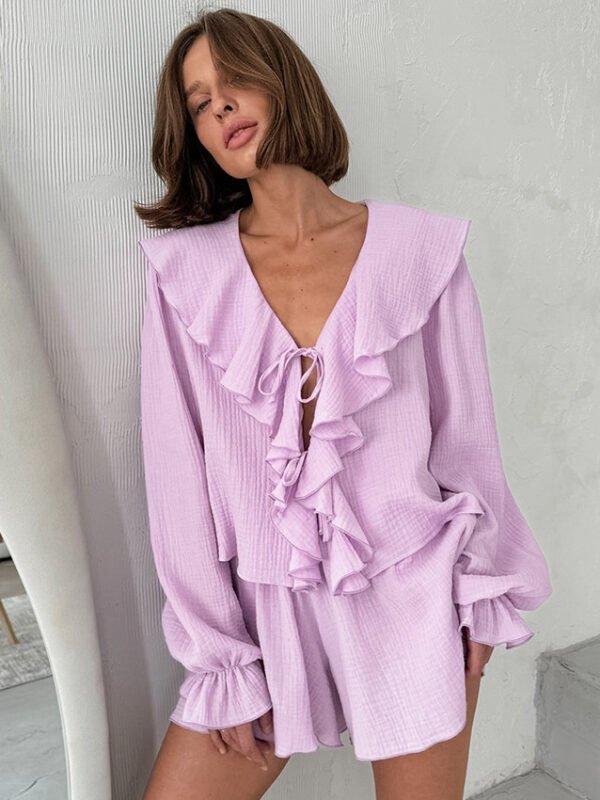 Autumn Pure Cotton Purple Pajamas Two Piece Sets Ruffled Long Sleeve Shorts Women Homewear
