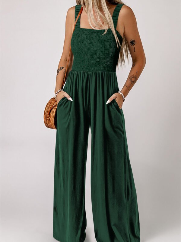 Green Smocked Wide Leg Jumpsuit