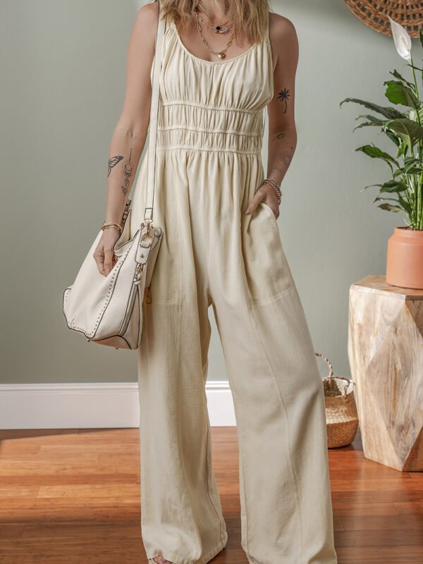 Beige Ruched Wide Leg Jumpsuit