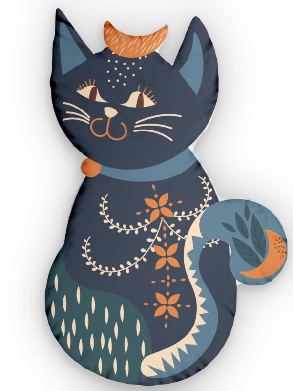 Cat Shaped Pillow - Folk Art Style
