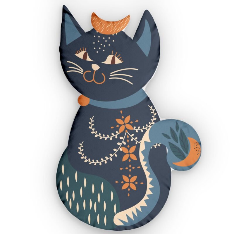 Cat Shaped Pillow - Folk Art Style