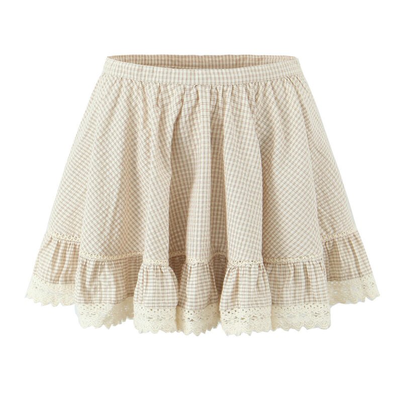 Summer Women French Sexy Retro Plaid Lace Splicing Sling Vest High Waist Skirt Set - Image 3
