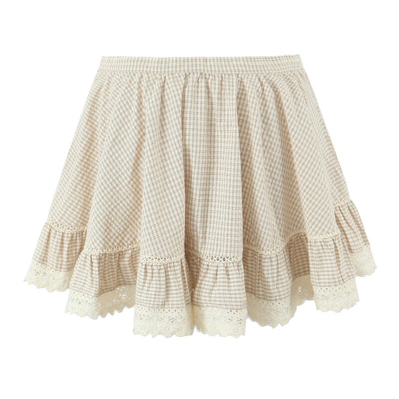 Summer Women French Sexy Retro Plaid Lace Splicing Sling Vest High Waist Skirt Set - Image 4