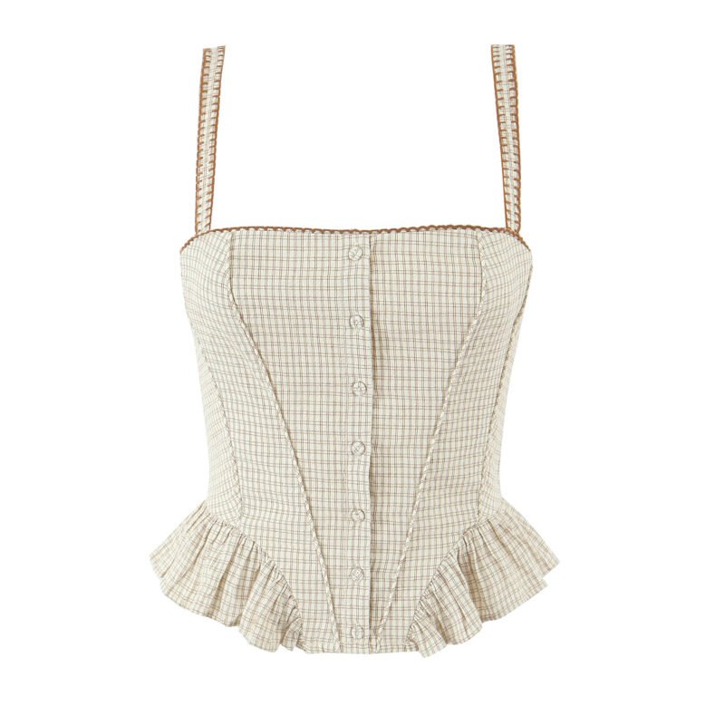 Summer Women French Sexy Retro Plaid Lace Splicing Sling Vest High Waist Skirt Set