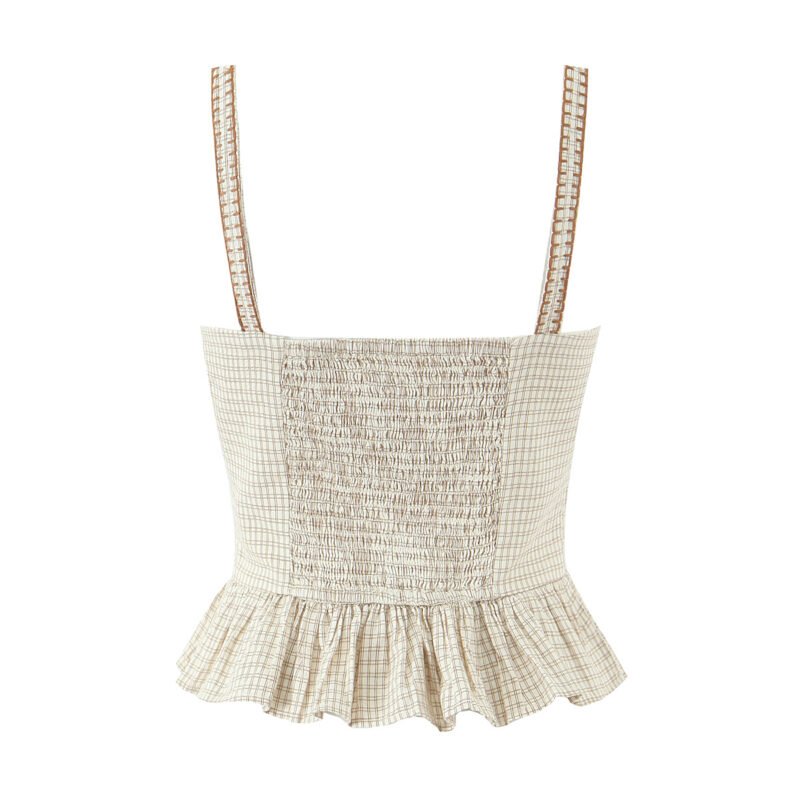 Summer Women French Sexy Retro Plaid Lace Splicing Sling Vest High Waist Skirt Set - Image 2
