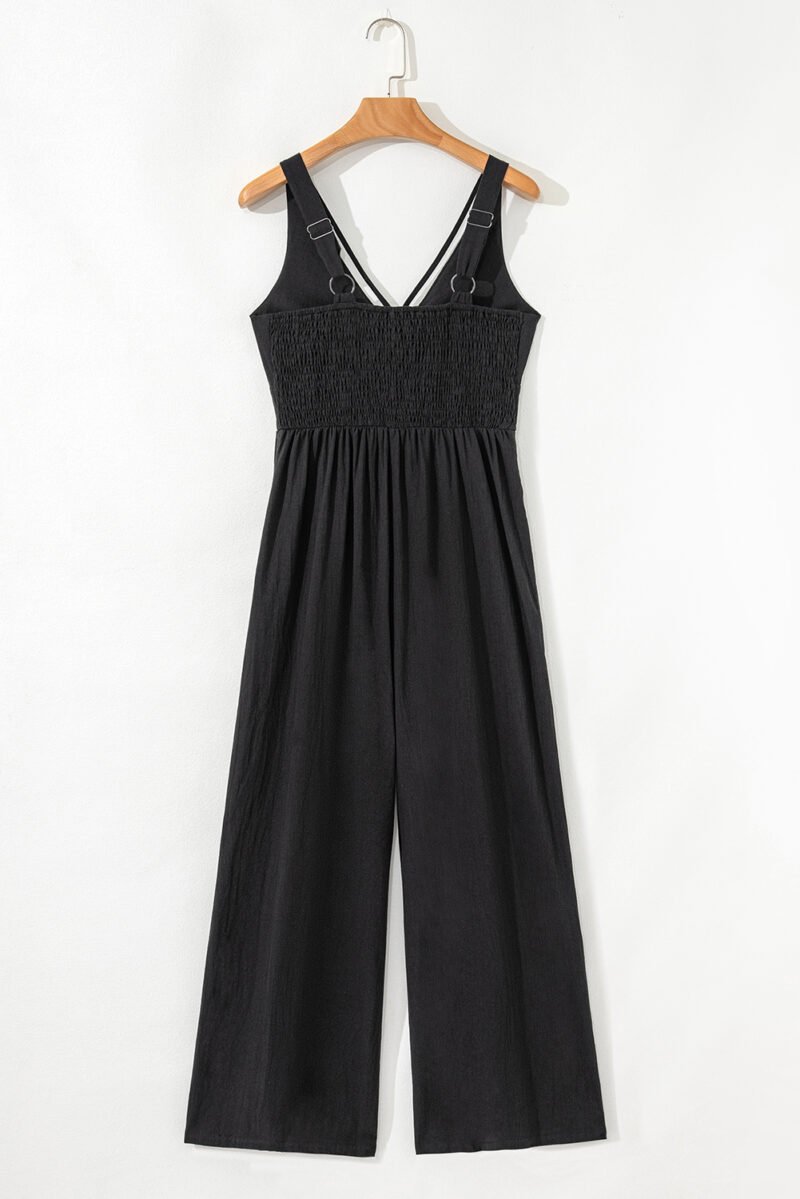 Black Front Cut Out Smocked Back Sleeveless Wide Leg Jumpsuit - Image 7