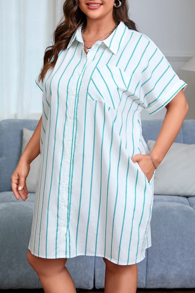 Green Stripe Buttoned Shirt Dress - Image 20
