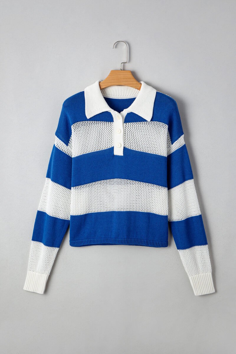 Blue Stripe Polo Knit Sweater - Image 4