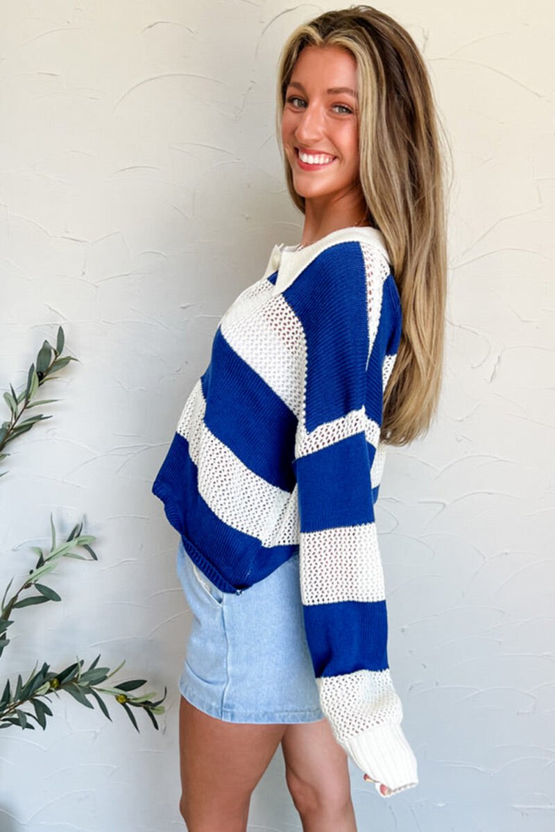 Blue Stripe Polo Knit Sweater - Image 3