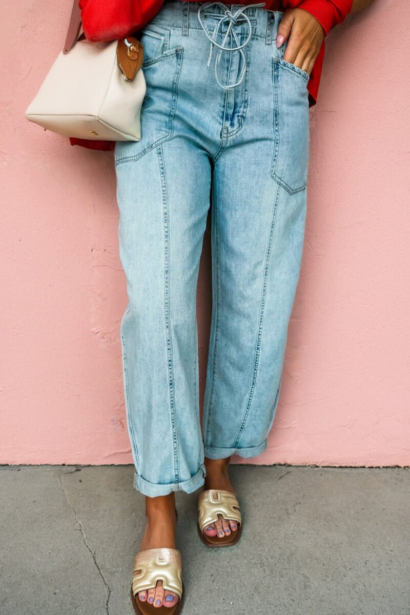 Stonewash Drawstring Barrel Jeans
