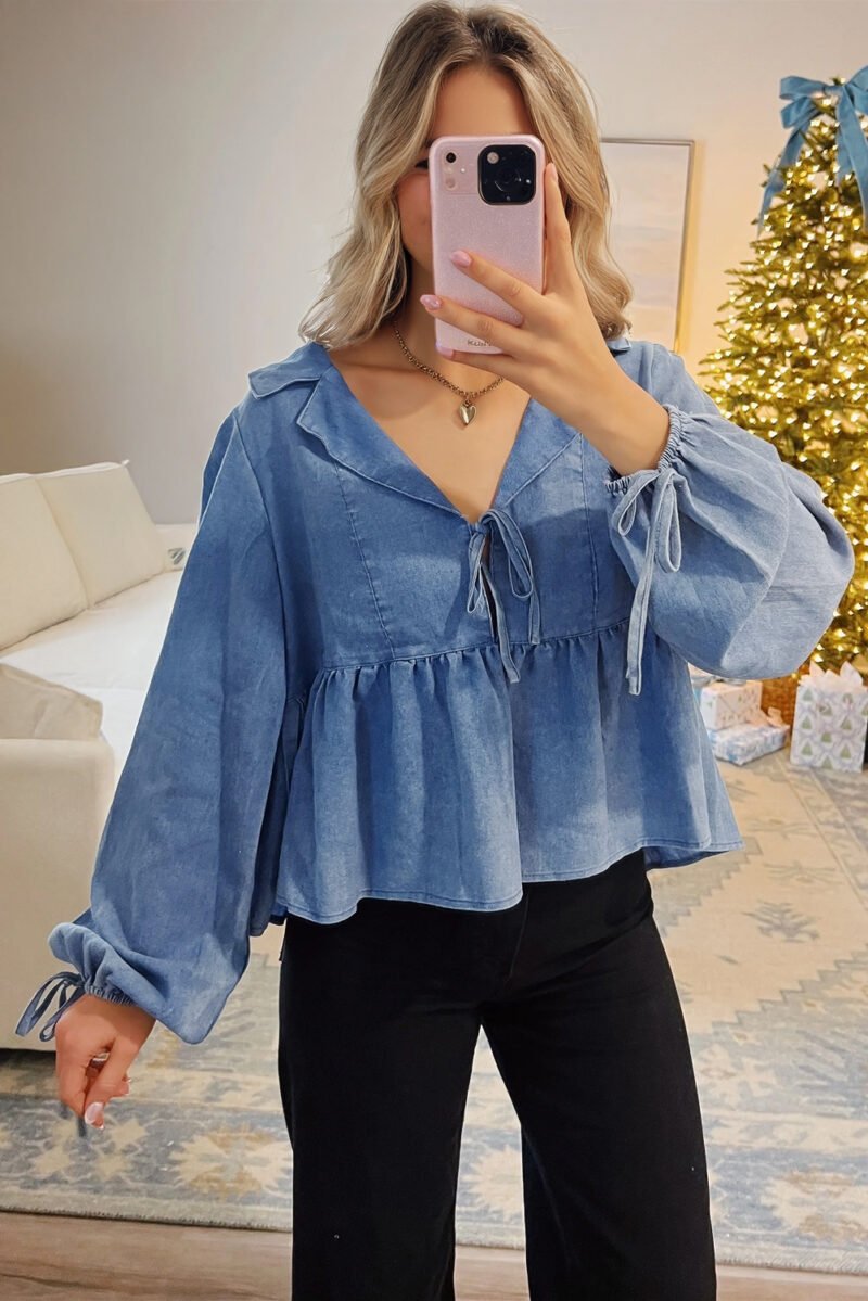 Denim Lapel Peplum Top - Image 10