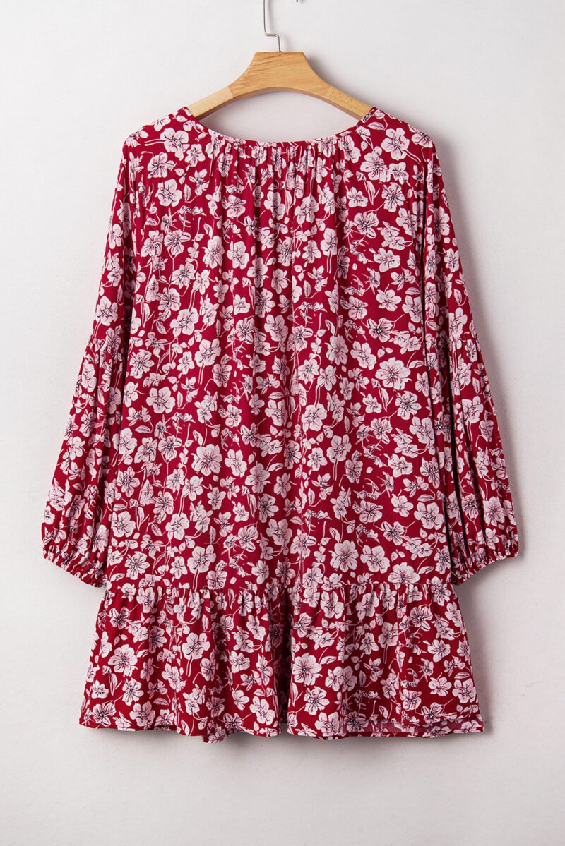 Purple Plus Floral Balloon Sleeve V Neck Relaxed Dress - Image 3