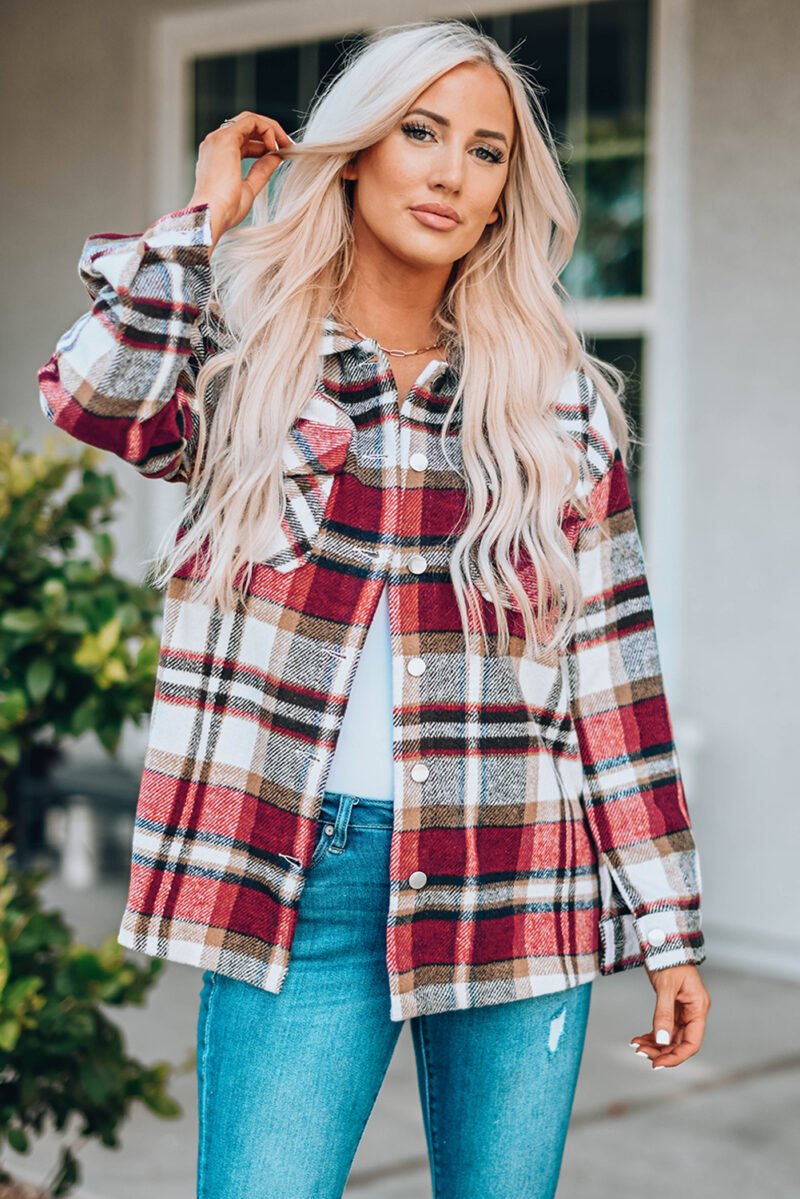 Plaid Print Pocketed Shacket - Image 15