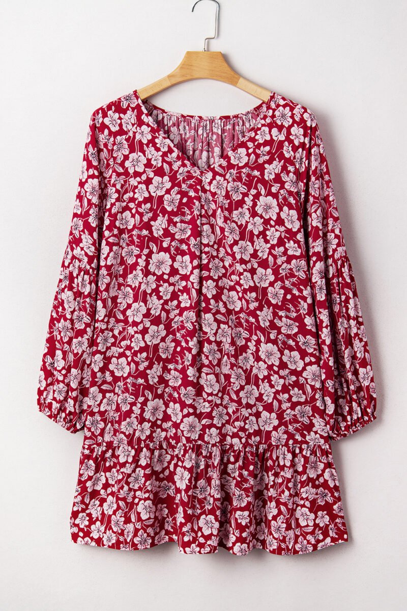 Purple Plus Floral Balloon Sleeve V Neck Relaxed Dress - Image 2