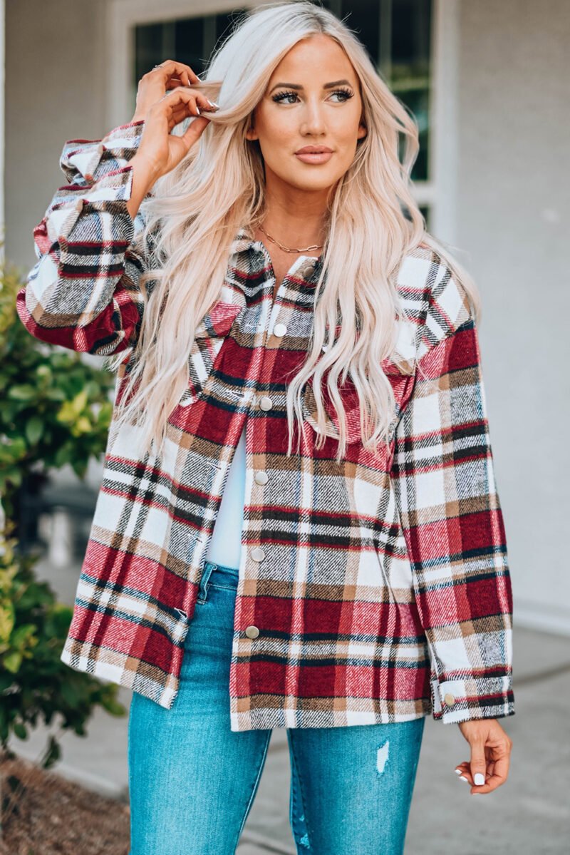 Plaid Print Pocketed Shacket - Image 13