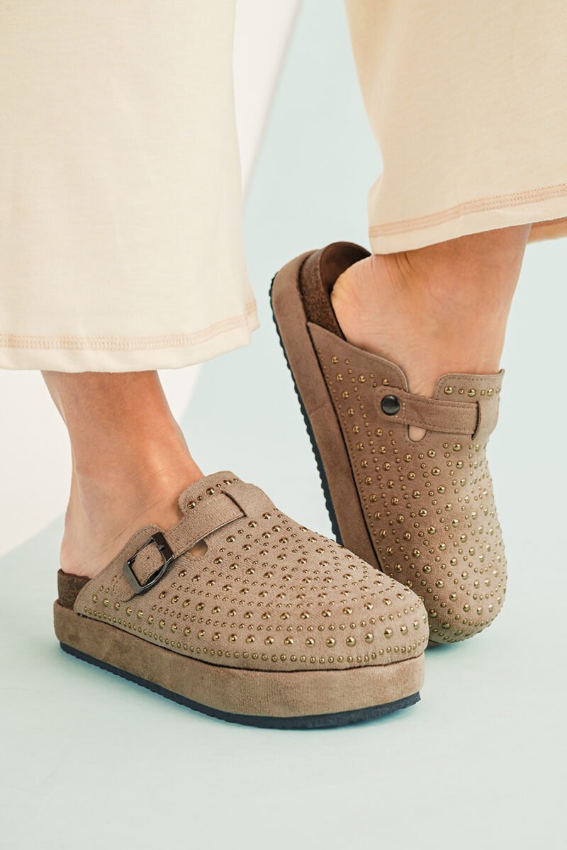 Parchment Rivet Platform Slippers
